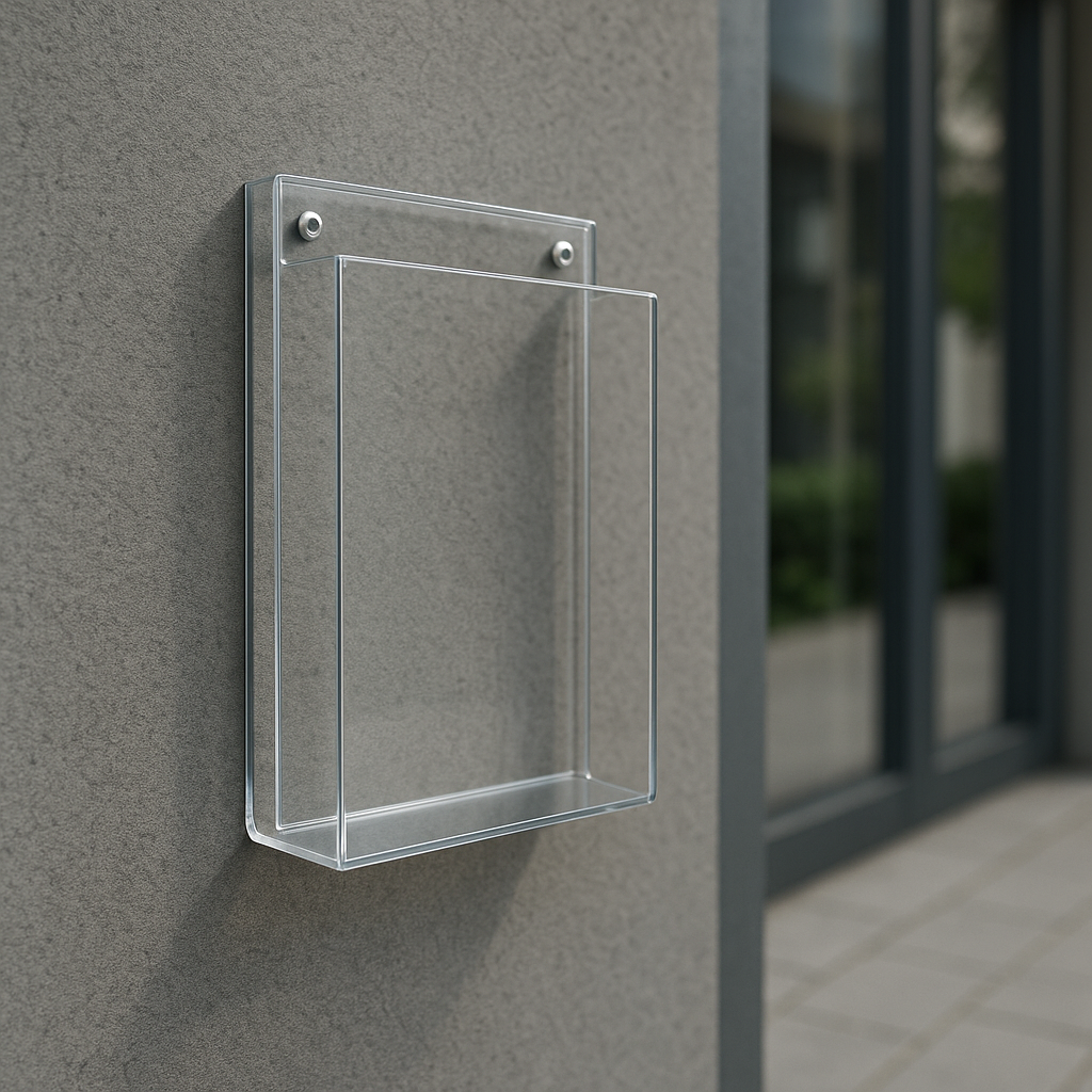 kieszeń wisząca na ulotki przed budynkiem wykonana z pleksiglasu